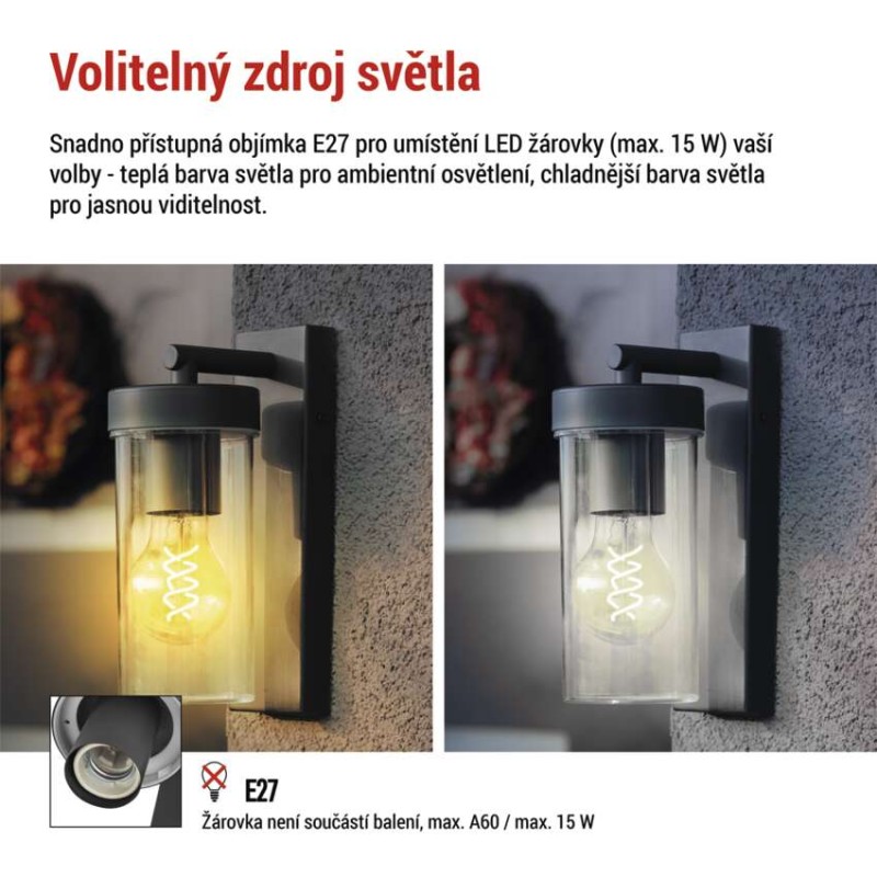 LED zahradní nástěnné svítidlo ZALA, 14,5 × 8,9 × 26,2 cm, 1 × E27, 15 W