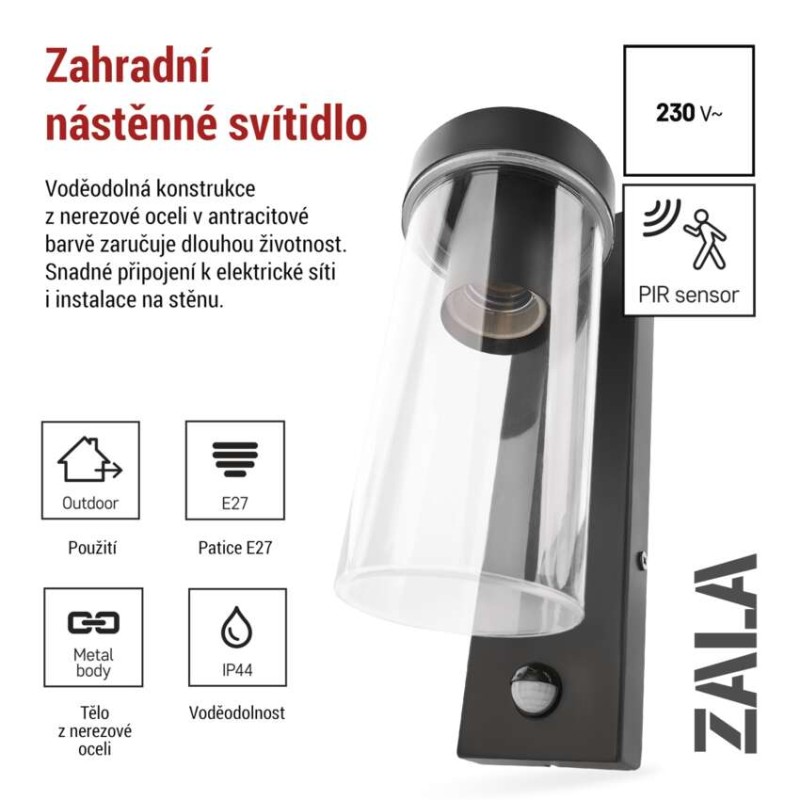 LED zahradní nástěnné svítidlo s čidlem soumraku, 12,8 x 8 x 27 cm, 1 x E27, 15 W