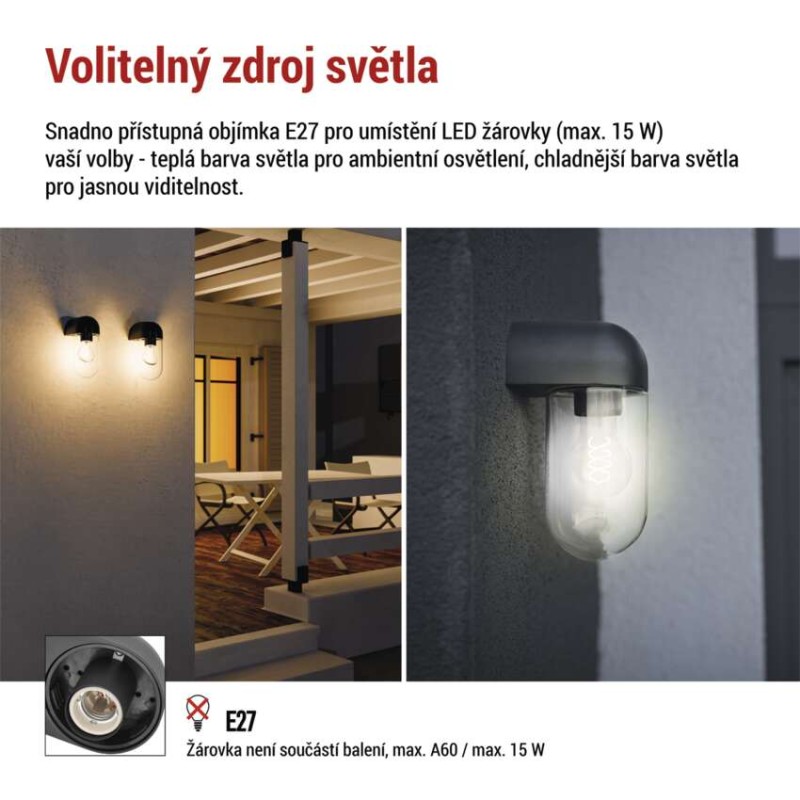 LED zahradní nástěnné svítidlo CASSIA, 12,6 × 9,5 × 22,2 cm, 1 × E27, 15 W