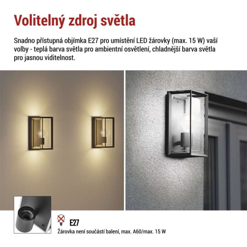 LED zahradní nástěnné svítidlo MALVA, 13 × 12 × 25 cm, 1 × E27, 15 W