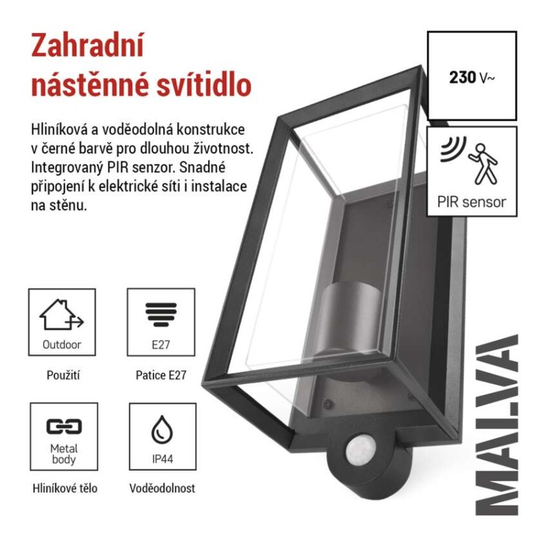 LED zahradní nástěnné svítidlo s čidlem soumraku MALVA, 13 × 12 × 28 cm, 1 × E27, 15 W