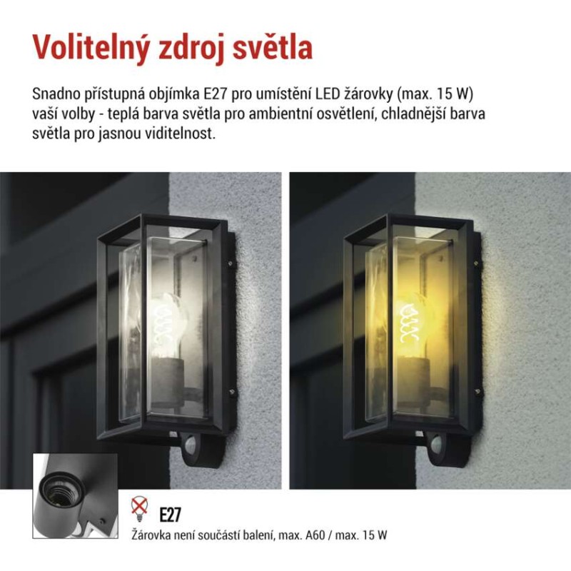 LED zahradní nástěnné svítidlo s čidlem soumraku MALVA, 13 × 12 × 28 cm, 1 × E27, 15 W