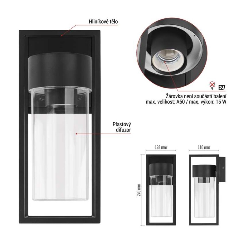 LED zahradní nástěnné svítidlo, 12,8 x 11 x 27 cm, 1 x E27, 15 W