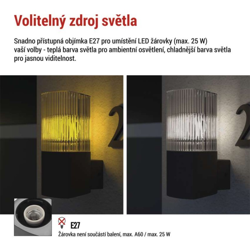 LED zahradní nástěnné svítidlo, 11,9 x 10,6 x 21,8 cm, 1 x E27, 25 W