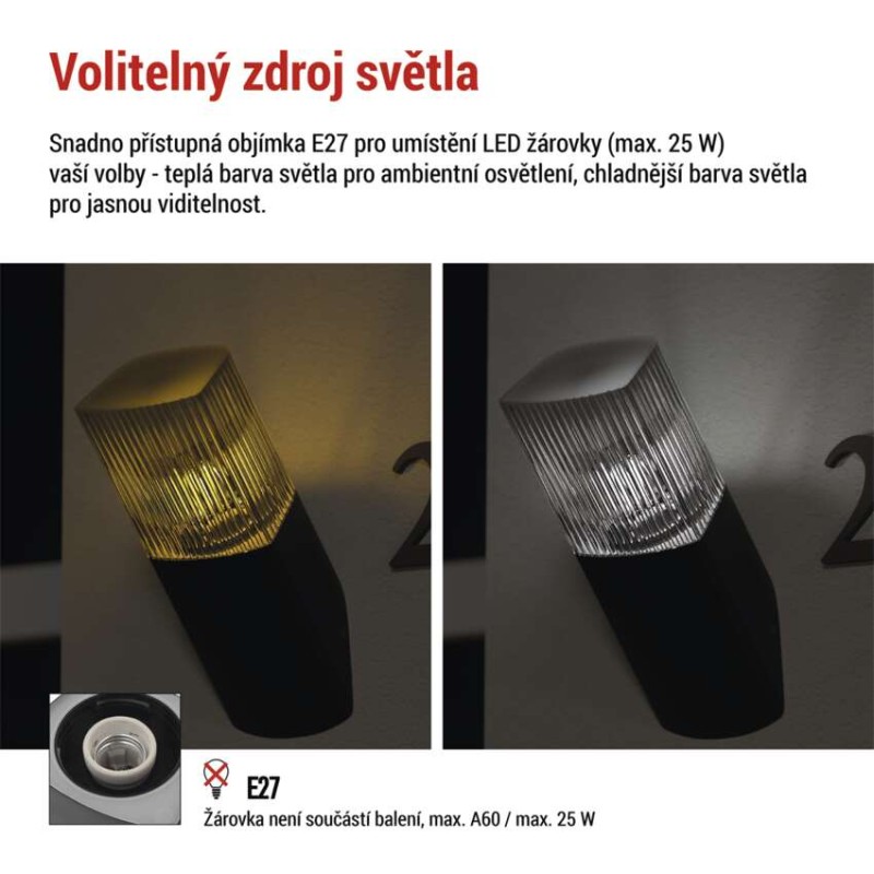 LED zahradní nástěnné svítidlo, 10,6 x 8,8 x 28,6 cm, 1 x E27, 25 W