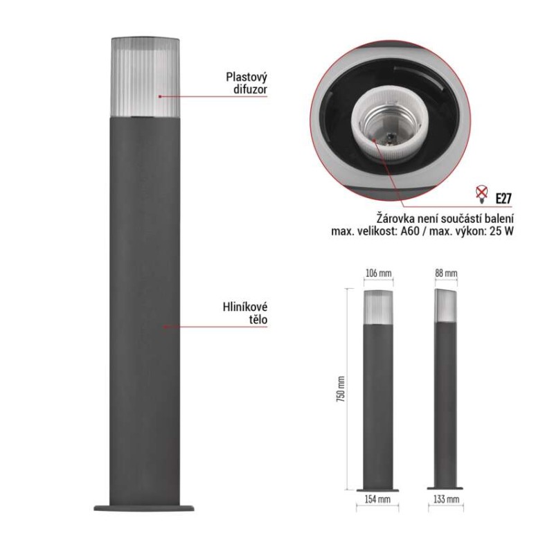 LED zahradní sloupkové svítidlo, 15,4 x 13,3 x 75 cm, 1 x E27, 25 W