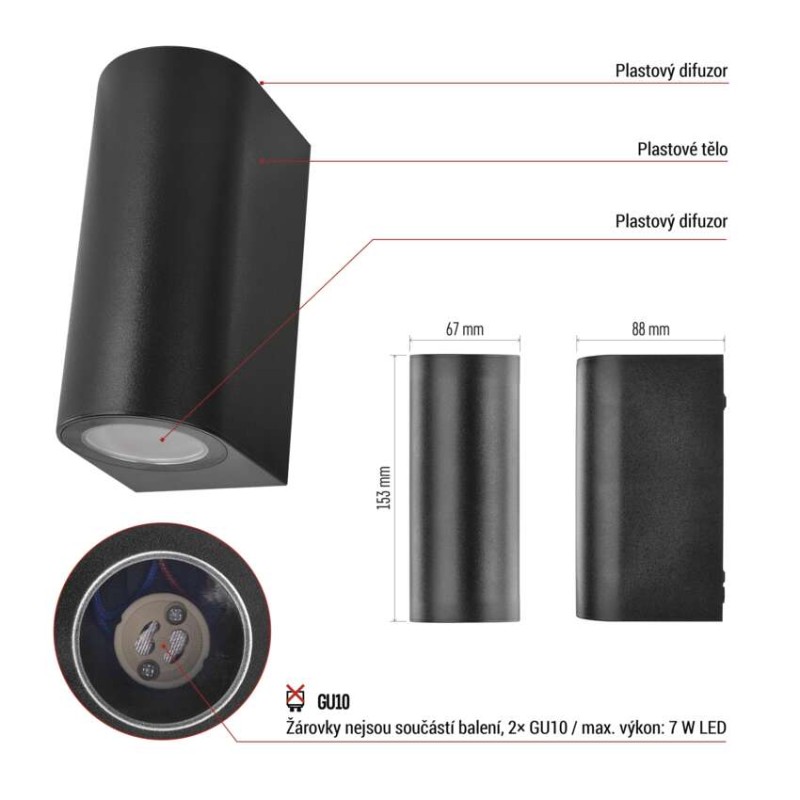 LED zahradní nástěnné svítidlo, 8,8 x 6,7 x 15,3 cm, 2 x GU10, 35 W