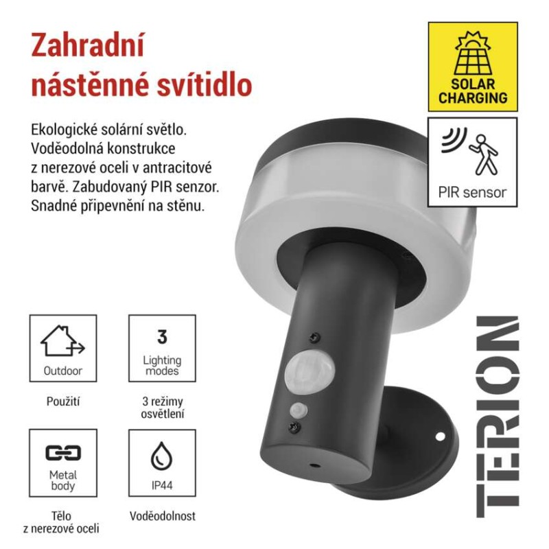 LED zahradní solární nástěnné svítidlo s čidlem soumraku, TERION, 12,5 × 14,7 × 14,2 cm