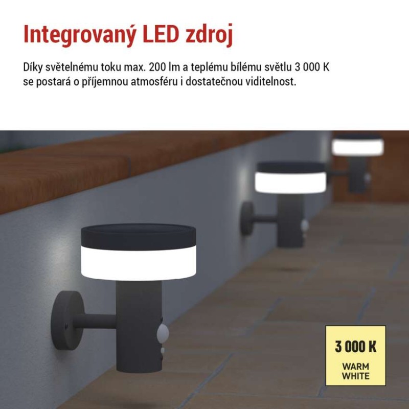 LED zahradní solární nástěnné svítidlo s čidlem soumraku, TERION, 12,5 × 14,7 × 14,2 cm
