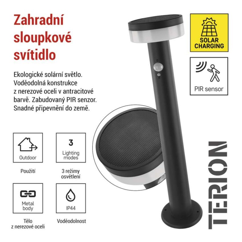 LED zahradní solární sloupkové svítidlo s čidlem soumraku, TERION, 12,5 × 12,5 × 50 cm