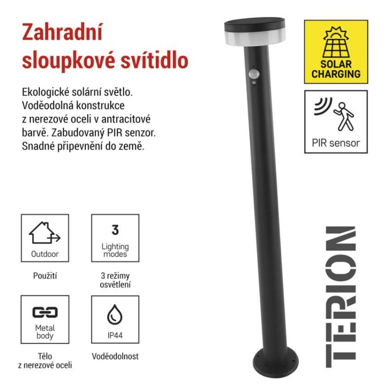 LED zahradní solární sloupkové svítidlo s čidlem soumraku, TERION, 12,5 × 12,5 × 80 cm