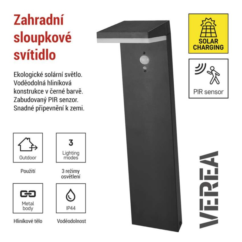 LED zahradní solární sloupkové svítidlo s čidlem soumraku, VEREA, 10,7 × 15,4 × 50 cm