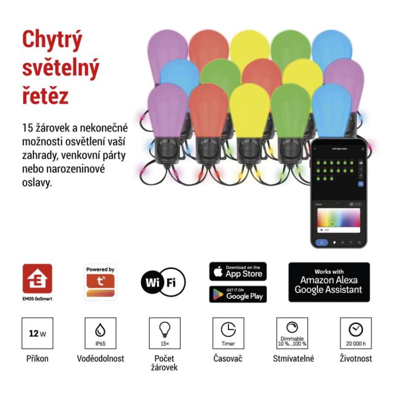 GoSmart LED světelný řetěz – 15× párty žárovky, 15 m, venkovní i vnitřní, RGB, WiFi