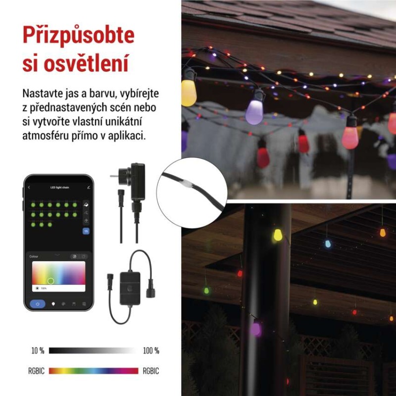 GoSmart LED světelný řetěz – 15× párty žárovky, 15 m, venkovní i vnitřní, RGB, WiFi