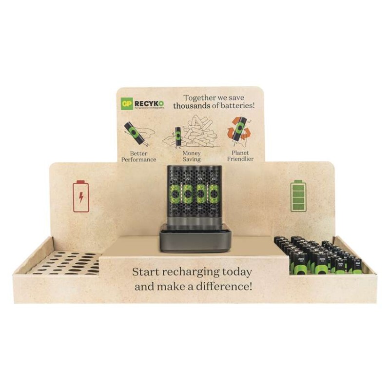 Stojan GP ReCyko Standard / 1×nabíječka GP + dock / 16×AA + 16×AAA / 1×USB-A adaptér
