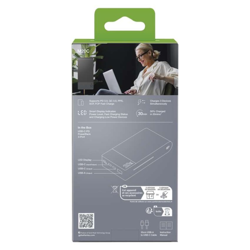 Powerbanka GP M2+ Series, 10 000 mAh, 22,5 W, šedá