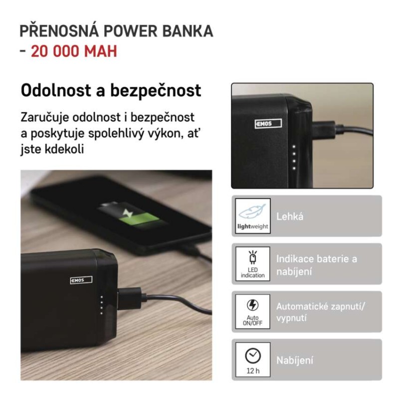 Powerbanka EMOS Alpha2 20, 20000 mAh, 10 W, černá