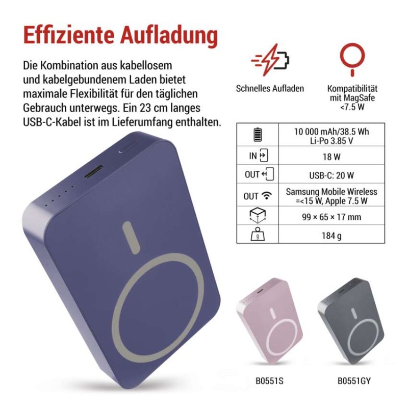 Powerbanka EMOS WI 1046, 10 000 mAh, 20 W+Wireless, modrá