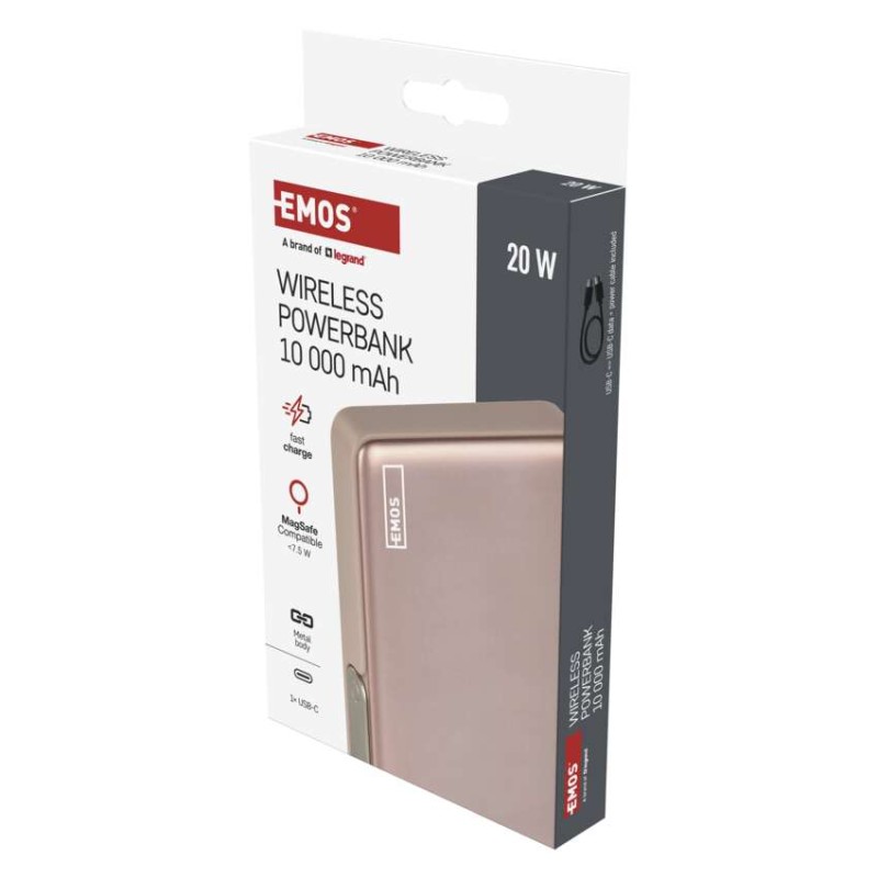 Powerbanka EMOS WI 1031, 10 000 mAh, 20 W + wireless, růžovo-zlatá