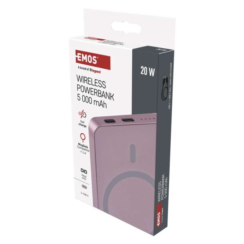 Powerbanka EMOS WI 522, 5 000 mAh, 20 W+Wireless, lososová