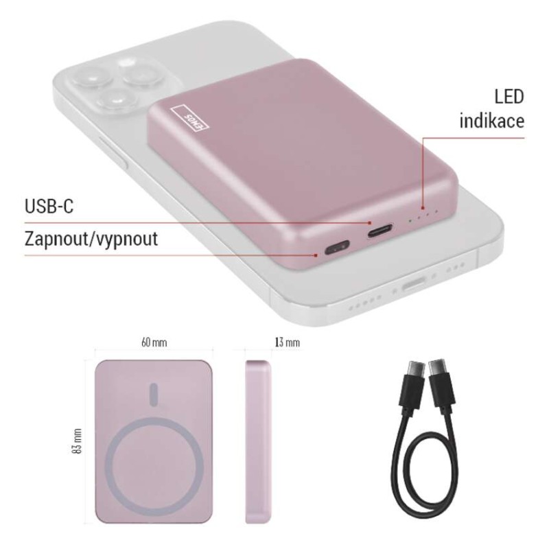 Powerbanka EMOS WI 522, 5 000 mAh, 20 W+Wireless, lososová