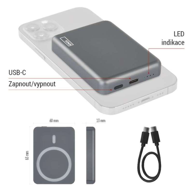 Powerbanka EMOS WI 522, 5 000 mAh, 20 W+Wireless, šedá