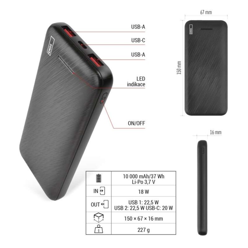 Powerbanka EMOS AlphaQ3, 10 000 mAh, 22,5 W, černá