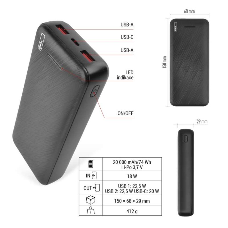 Powerbanka EMOS AlphaQ3, 20 000 mAh, 22,5 W, černá