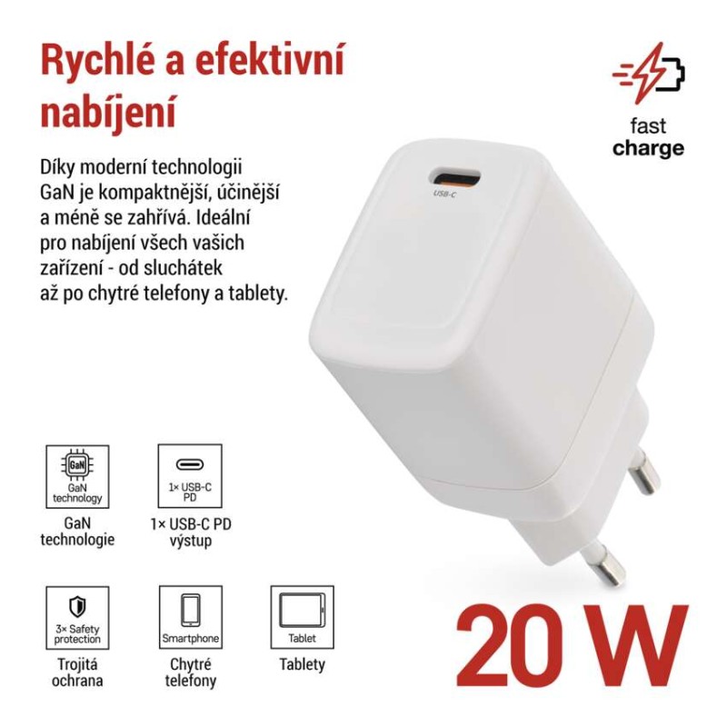 Univerzální USB adaptér GaN do sítě PD 20 W max.