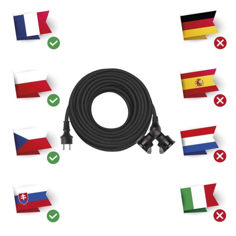 Venkovní prodlužovací kabel 20 m / 2 zásuvky / černý / guma / 230 V / 1,5 mm2