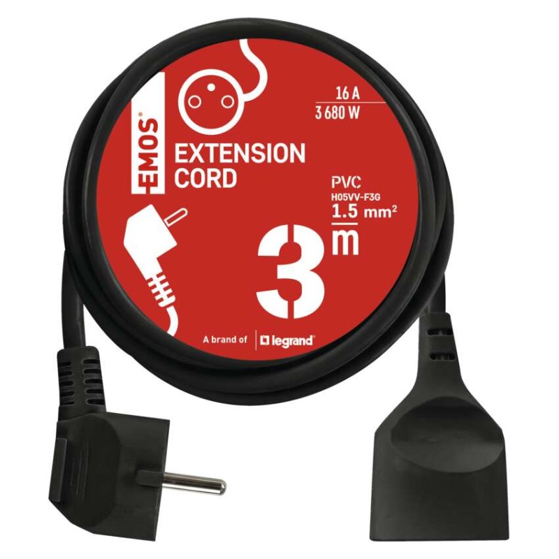 Prodlužovací kabel 3 m / 1 zásuvka / černý / PVC / 1,5 mm2