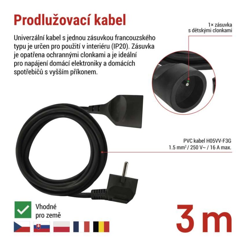 Prodlužovací kabel 3 m / 1 zásuvka / černý / PVC / 1,5 mm2