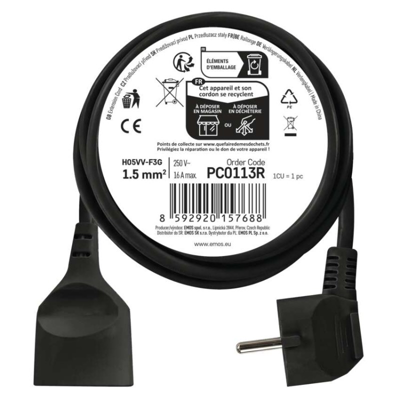 Prodlužovací kabel 3 m / 1 zásuvka / černý / PVC / 1,5 mm2