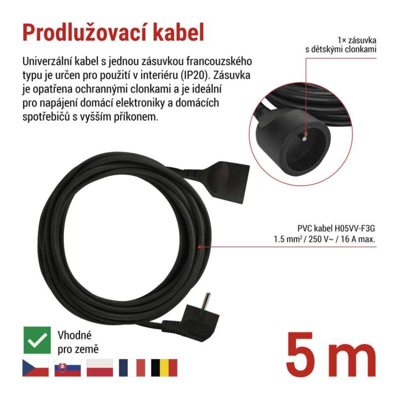 Prodlužovací kabel 5 m / 1 zásuvka / černý / PVC / 1,5 mm2