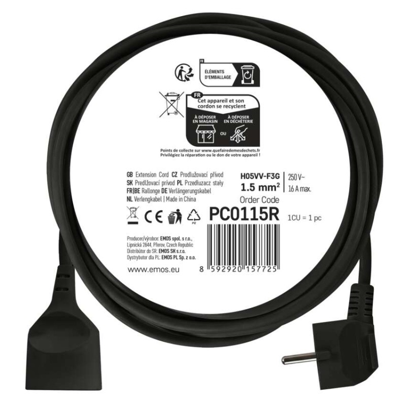 Prodlužovací kabel 5 m / 1 zásuvka / černý / PVC / 1,5 mm2