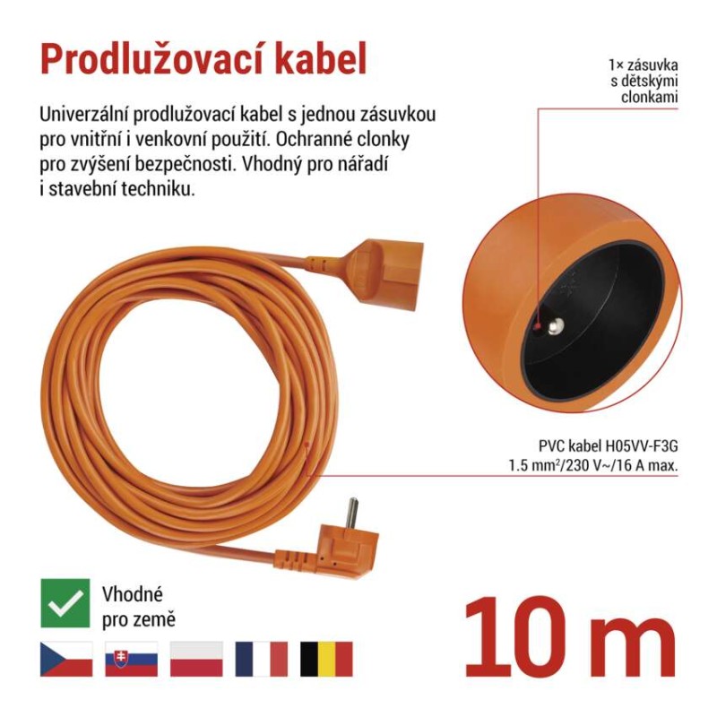Prodlužovací kabel 10 m / 1 zásuvka / oranžový / PVC / 250 V / 1,5 mm2