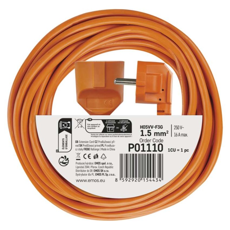 Prodlužovací kabel 10 m / 1 zásuvka / oranžový / PVC / 250 V / 1,5 mm2