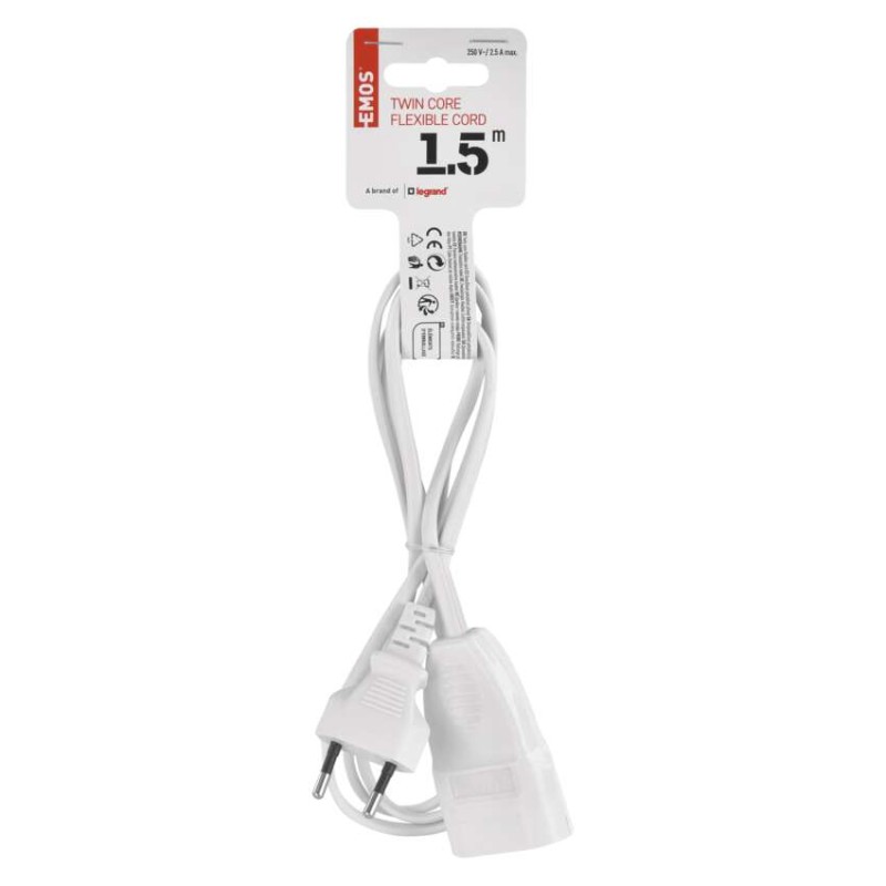 Dvoužilový pohyblivý přívod 1,5 m / 1 zásuvka / bílý / PVC / 0,75 mm2