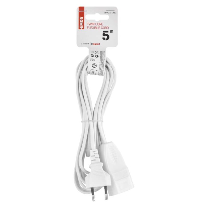 Dvoužilový pohyblivý přívod 5 m / 1 zásuvka / bílý / PVC / 0,75 mm2