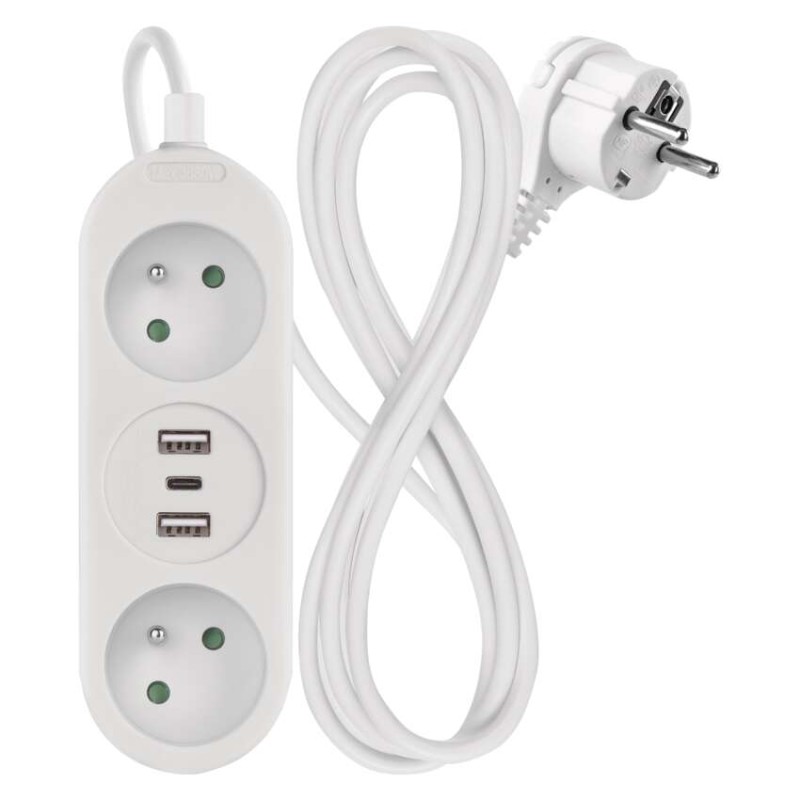 Prodlužovací kabel 1,4 m / 2 zásuvky+2×USB-A+1×USB-C / s vypínačem  / bílý / PVC / 1,5 mm2