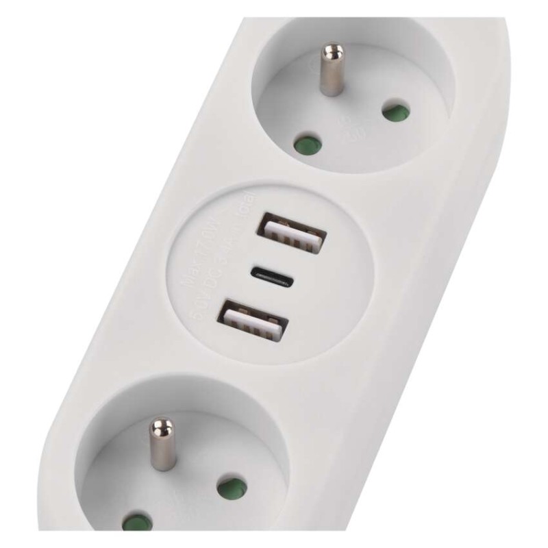 Prodlužovací kabel 2 m / 2 zásuvky+2×USB A+1×USB C  / bílý / PVC / 1 mm2
