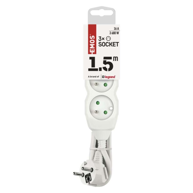 Prodlužovací kabel 1,5 m / 3 zásuvky / bílý / PVC / 1 mm2