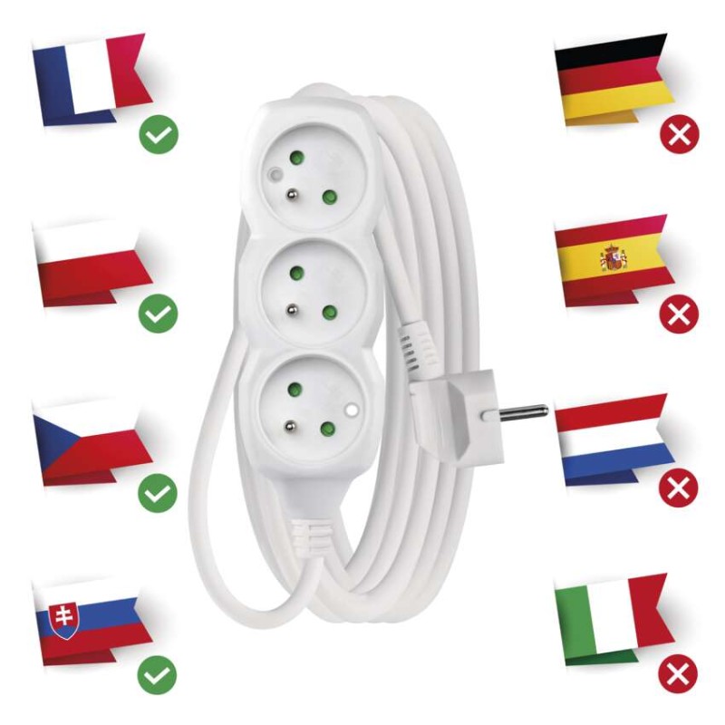 Prodlužovací kabel 5 m / 3 zásuvky / bílý / PVC / 1 mm2