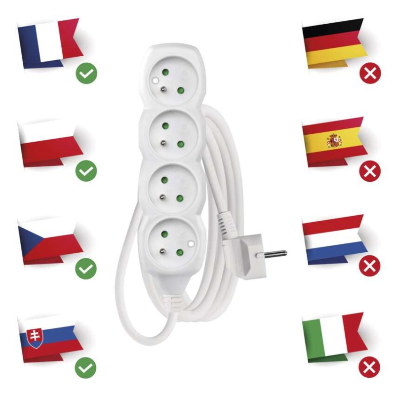 Prodlužovací kabel 3 m / 4 zásuvky / bílý / PVC / 1 mm2