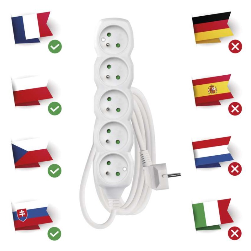 Prodlužovací kabel 3 m / 5 zásuvek / bílý / PVC / 1 mm2