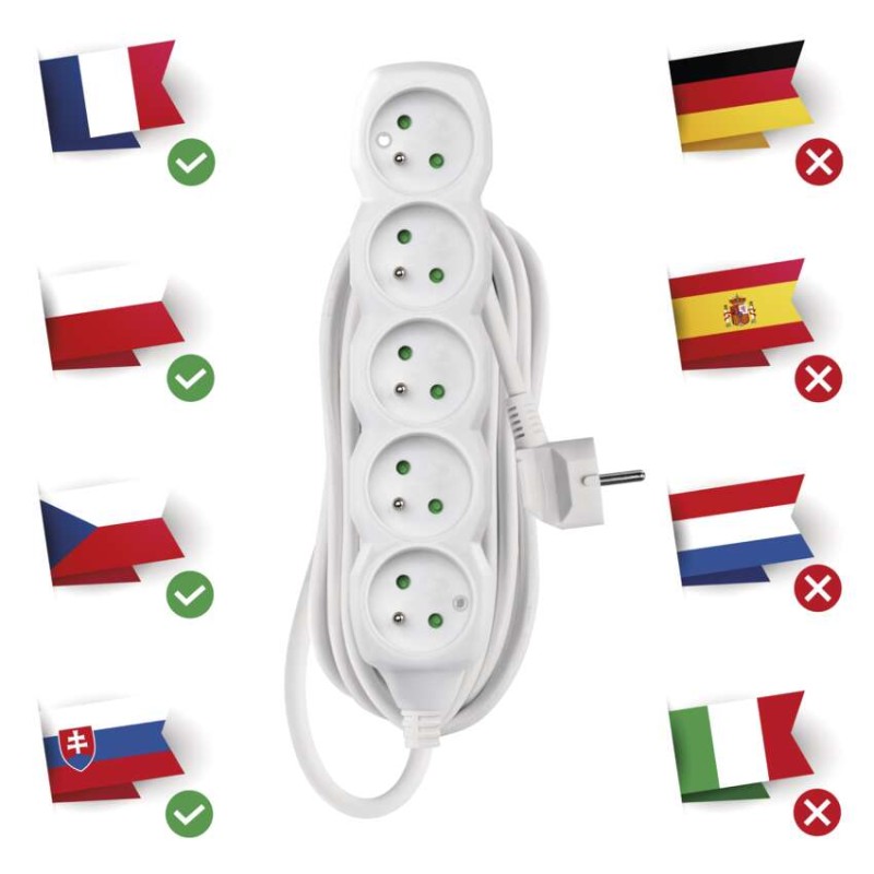 Prodlužovací kabel 10 m / 5 zásuvek / bílý / PVC / 1,5 mm2