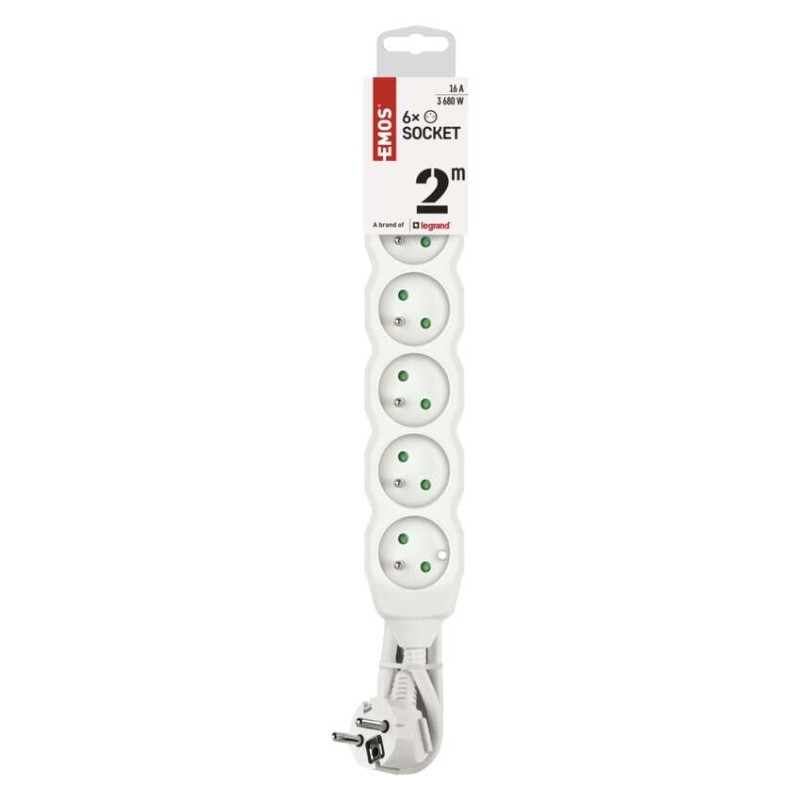 Prodlužovací kabel 2 m / 6 zásuvek / bílý / PVC / 1 mm2