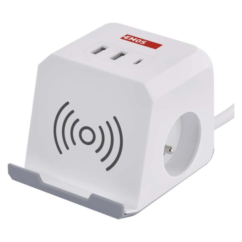 Prodlužovací kabel - kostka 2 m / 2 zásuvky / bílý / 2×USB-A + 1×USB-C+Qi / 1,5 mm2