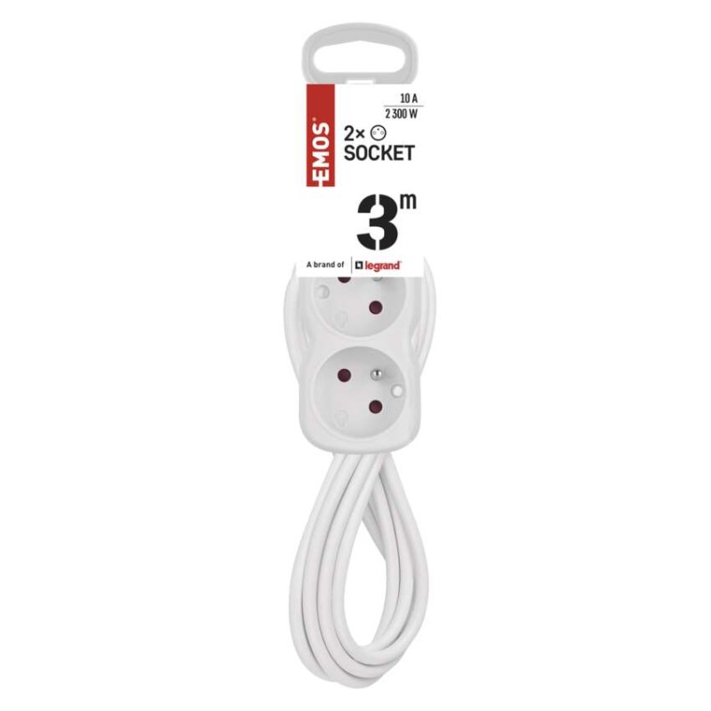 Prodlužovací kabel 3 m / 2 zásuvky / s vypínačem / bílý / PVC / 1 mm2