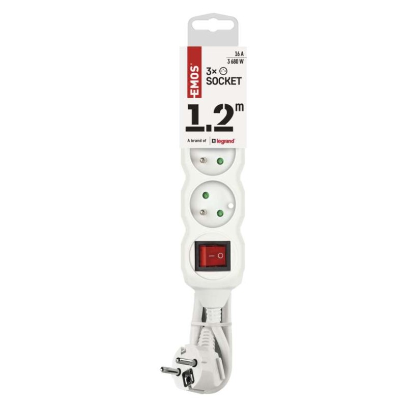 Prodlužovací kabel 1,2 m / 3 zásuvky / s vypínačem / bílý / PVC / 1 mm2